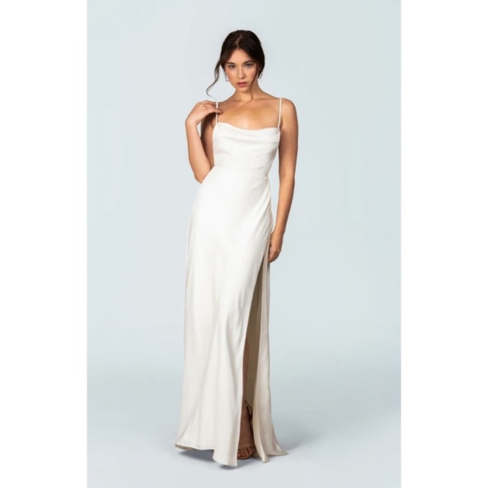 Fame and Partners Rosabel Ivory White Cowl Neck Silky Maxi Formal Dress Gown 4